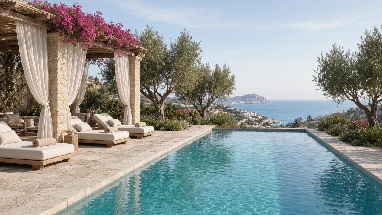 Piscina de una villa vacacional con tumbonas, pérgola y vistas al Mediterráneo