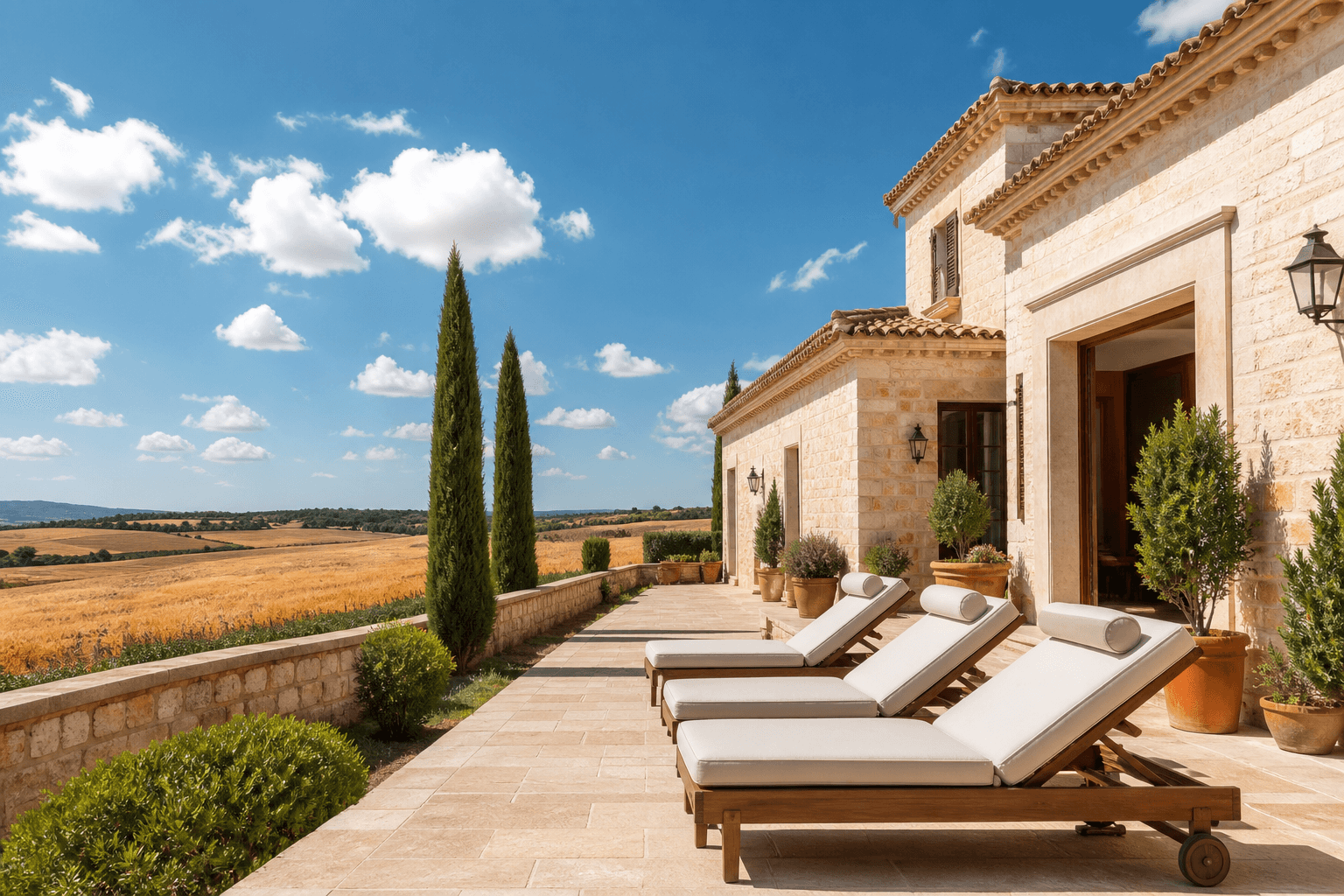 Terraza de piedra de un chalet con vistas a los campos de cereal