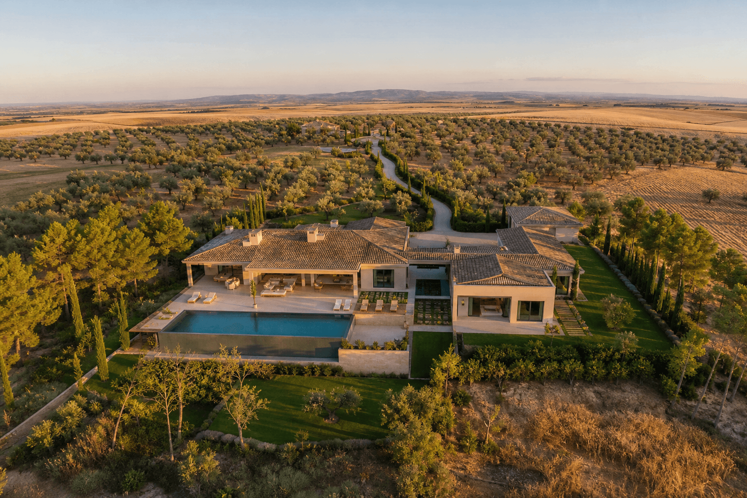 Vista aérea de una finca con vivienda y olivar en la provincia de Albacete