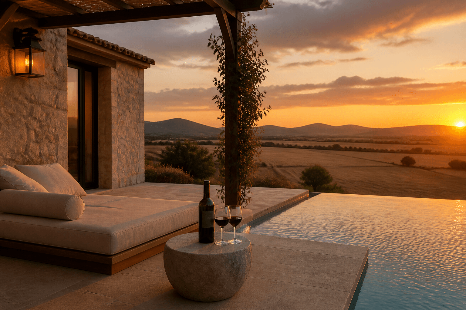 Terraza con piscina al atardecer y el campo al fondo